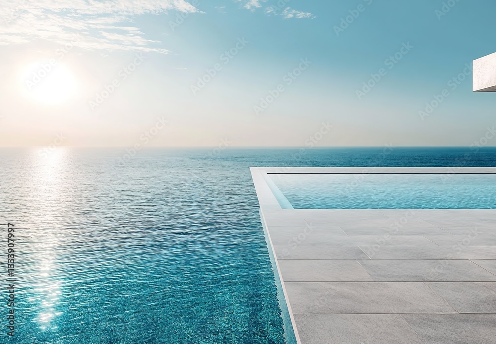 Fototapeta premium Minimalist pool with an ocean view, clear blue sky, modern architecture.