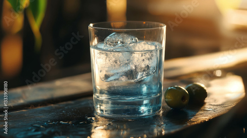 Refreshing glass of pastis with ice in outdoor summer ambiance