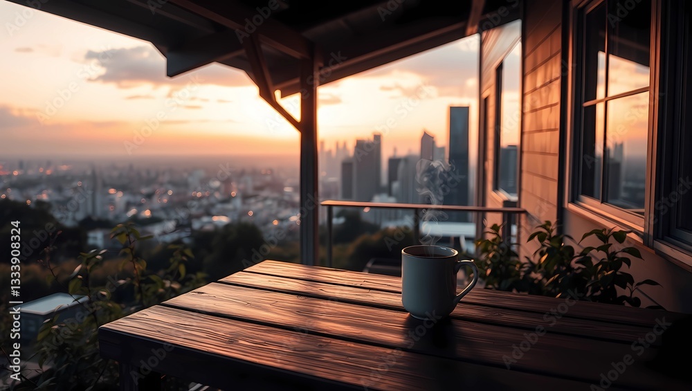 Fototapeta premium Relaxing Balcony with a Warm Coffee and Skyline
