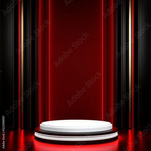 Luxury display stage with red neon lighting, elegant modern studio backdrop and platform. Pedestal, spotlight, and luxurious presentation backdrop
