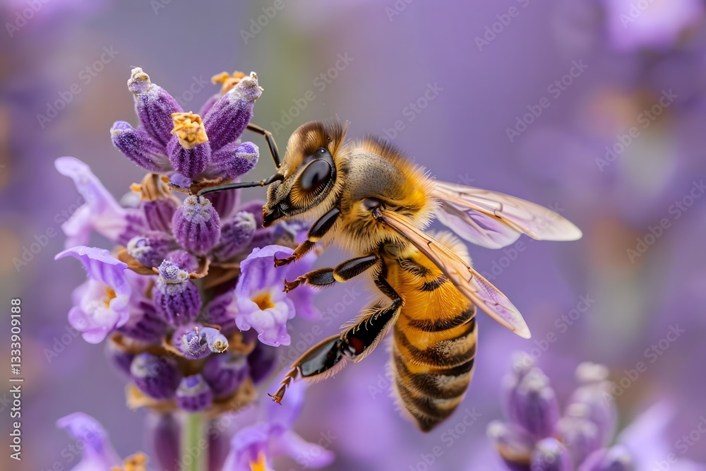 Honeybee Close-Up. Detailed View of a Honeybee Collecting Pollen from Lavender. Unique Anatomy and Pollination Behavior. Insect Life Cycle and Ecosystem Importance.
Honeybee Close-Up. Detailed View of a Honeybee Collecting Pollen from Lavender. Unique Anatomy and Pollination Behavior. Insect Life Cycle and Ecosystem Importance.