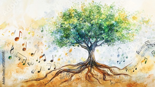 A tree with roots growing into musical notes, symbolizing nature’s harmony with sound