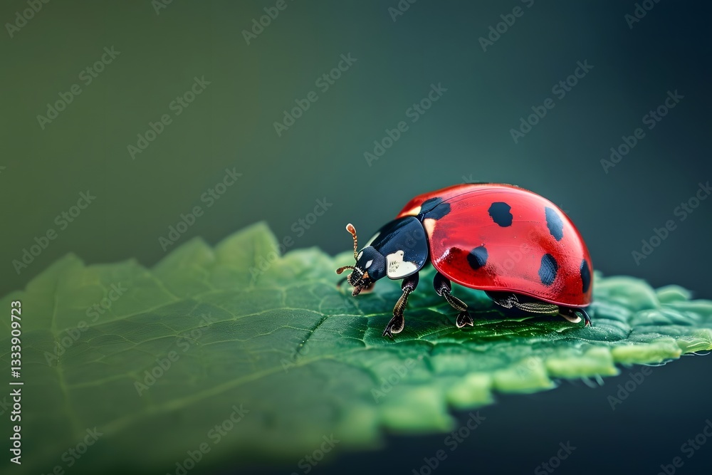 Fototapeta premium A Vibrant Ladybug Crawls Across a Lush Green Leaf. Serene Natural Setting. Striking Red and Black Spots. Symbol of Good Luck and Nature's Beauty. Intricate Details of this Charming Insect. Stunning Ma