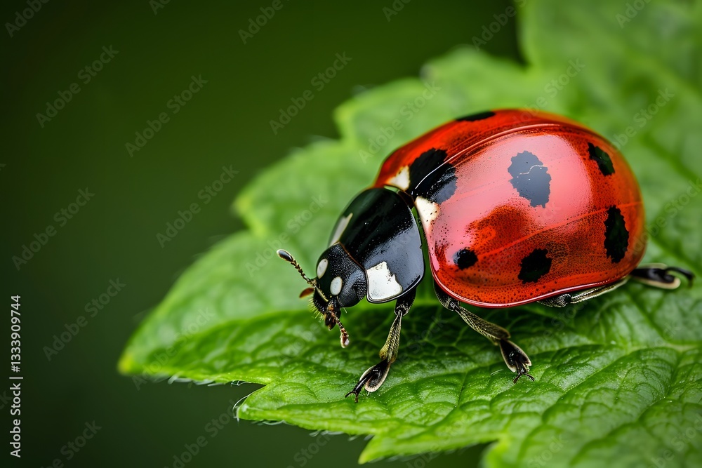 Naklejka premium Ladybug Crawls on Green Leaf: A Close-Up View of Insect Anatomy and Behavior in Nature's Habitat, Revealing Vibrant Colors and Intricate Details with Stunning Clarity.