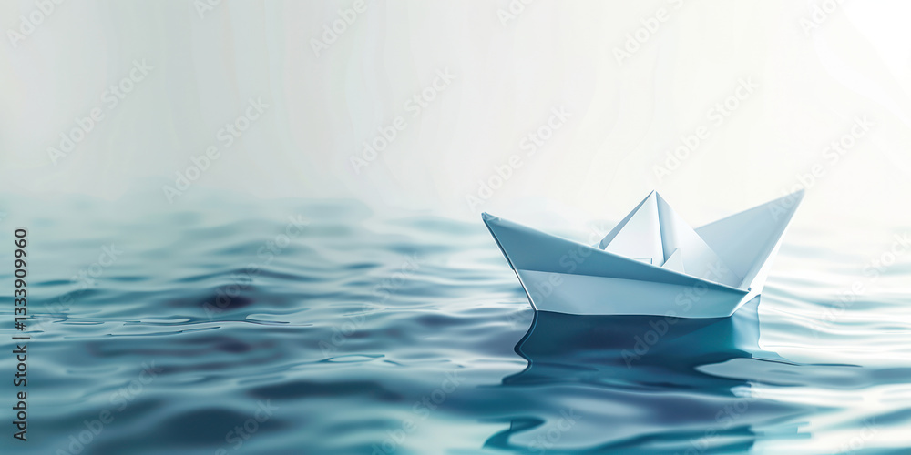 White paper boat ship floating on water seascape surface ripple curve wave blue calm clear clean simple close up shot fog mist. White paper boat ship floating on water seascape surface ripple curve wave blue calm clear clean simple close up shot fog mist.