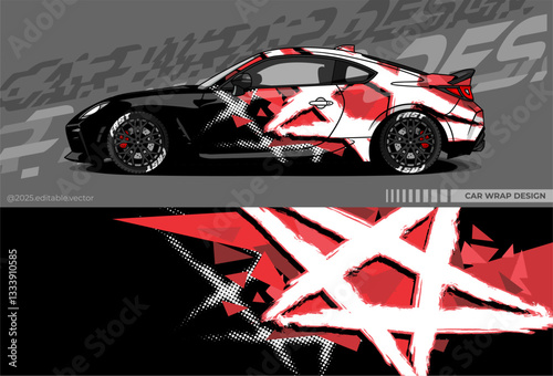 Car wrap design vector with black, white, red colour. Abstract star decal livery. Sticker vinyl body car. Suitable for racing, drift, rally or daily use 