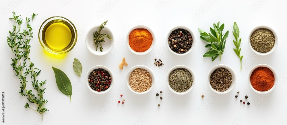 A flat lay of various spices and herbs on a white background, representing the diversity in cooking with colorful ingredients like red chili powder and rosemary leaves. A flat lay of various spices and herbs on a white background, representing the diversity in cooking with colorful ingredients like red chili powder and rosemary leaves.