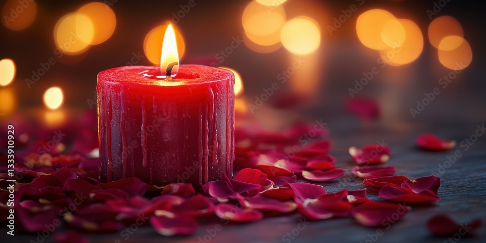 Romantic setting with flickering red candle surrounded by rose petals for a cozy evening gathering Romantic setting with flickering red candle surrounded by rose petals for a cozy evening gathering