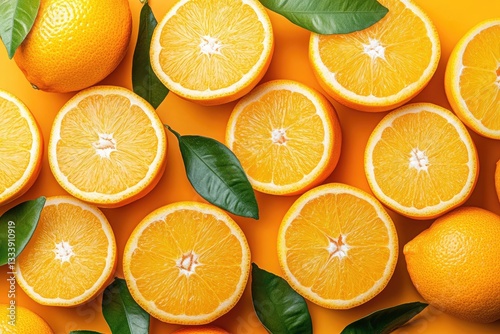 Fresh orange slices on vibrant yellow background photo