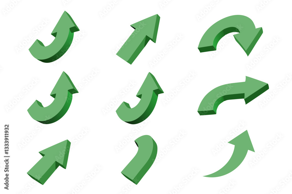 Nine Stylish 3D Green Arrows Floating on White Background in Different Directions. vector set of arrows. set of green arrows Nine Stylish 3D Green Arrows Floating on White Background in Different Directions. vector set of arrows. set of green arrows