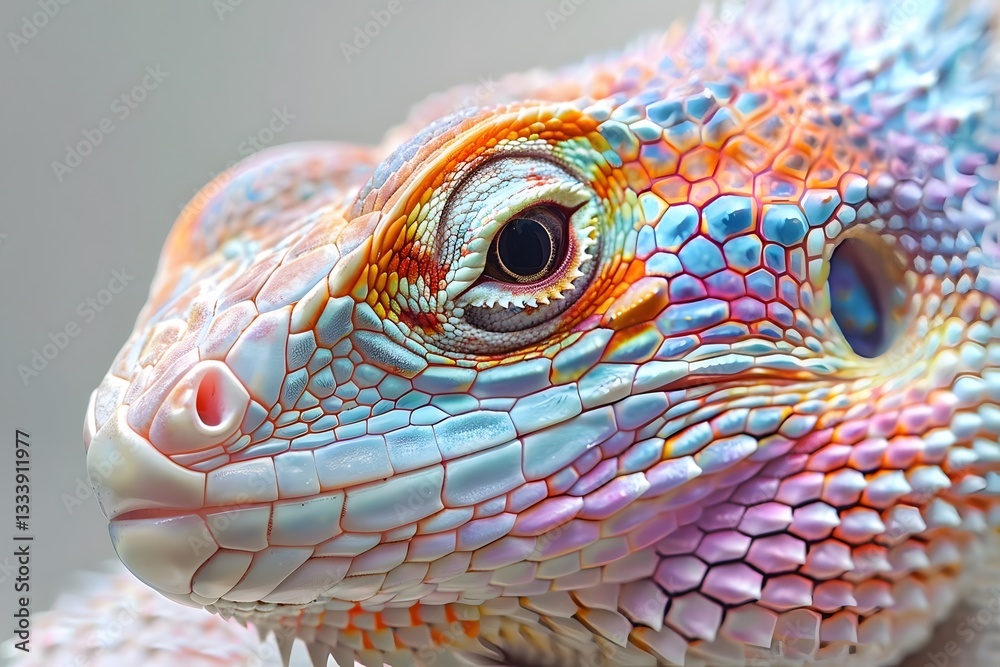 Fototapeta premium Vibrant Reptile Skin: Close-Up View of a Colorful Lizard's Detailed Scales and Eye, Showcasing Nature's Artistic Mastery in Vivid Hues and Intricate Patterns. Discover the Beauty of Animalia.