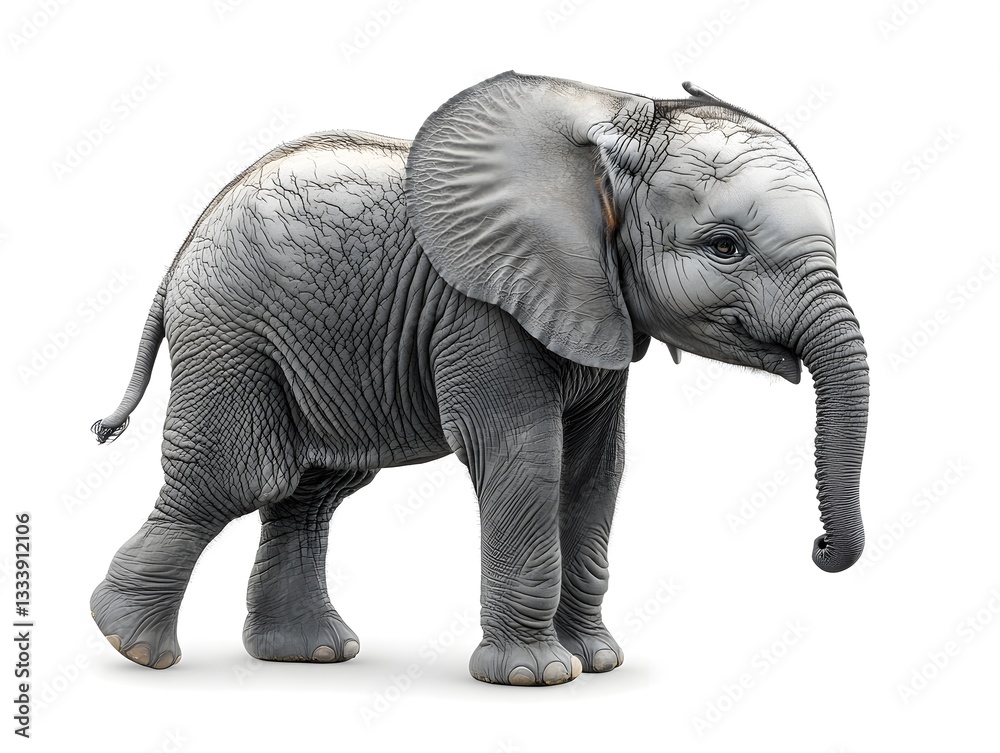 Fototapeta premium Playful Elephant Calf Balancing on Oversized Leg Against White Background