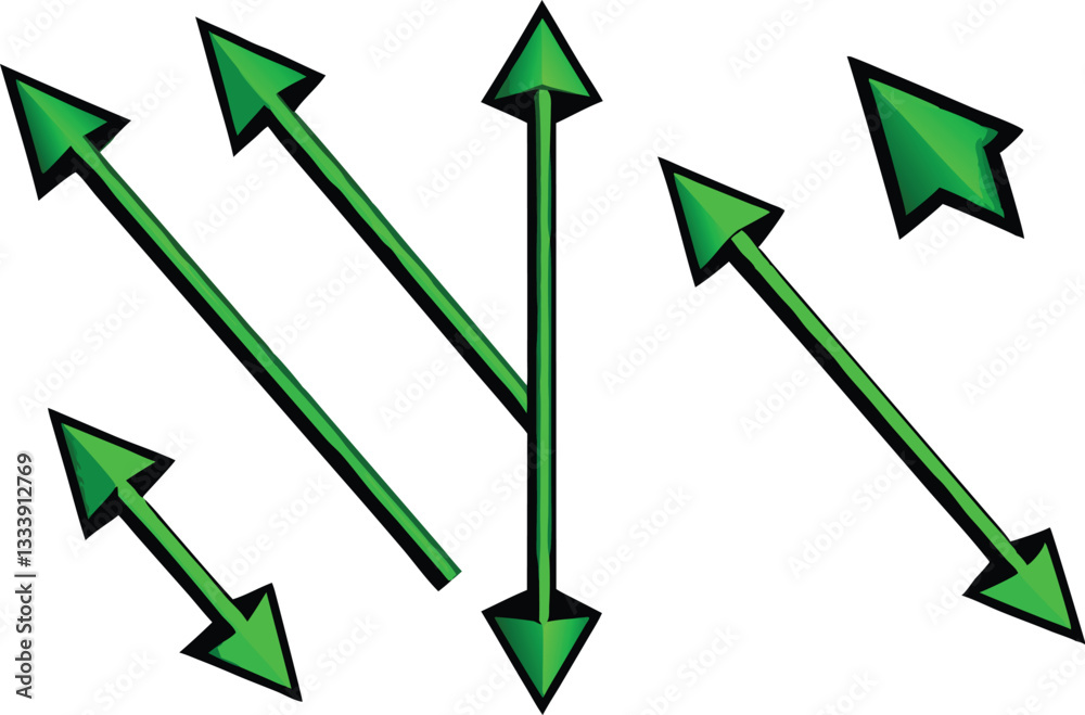A collection of nine 3D green arrows with unique shapes and directions arranged in a grid on a white background. green and red arrows A collection of nine 3D green arrows with unique shapes and directions arranged in a grid on a white background. green and red arrows