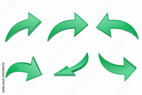 Set of nine 3D green arrows with straight, curved, and bent shapes on a white background. set of arrows