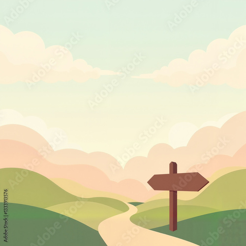Scenic pathway with signpost under pastel clouds  