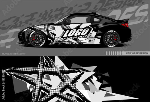 Car wrap design vector with black and white colour. Abstract decal livery. Sticker vinyl body car. Suitable for racing, drift, rally or daily use 