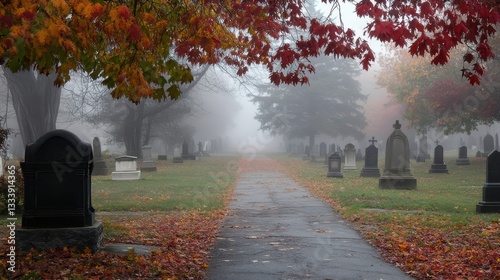 A foggy autumn day showcases a cemeterys peaceful atmosphere photo