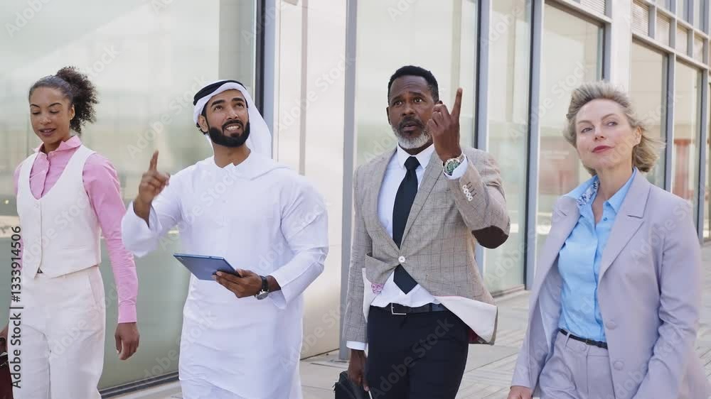 Group of multiethnic business people meeting an emirati businessman - International corporate business team bonding outdoors in the city Group of multiethnic business people meeting an emirati businessman - International corporate business team bonding outdoors in the city