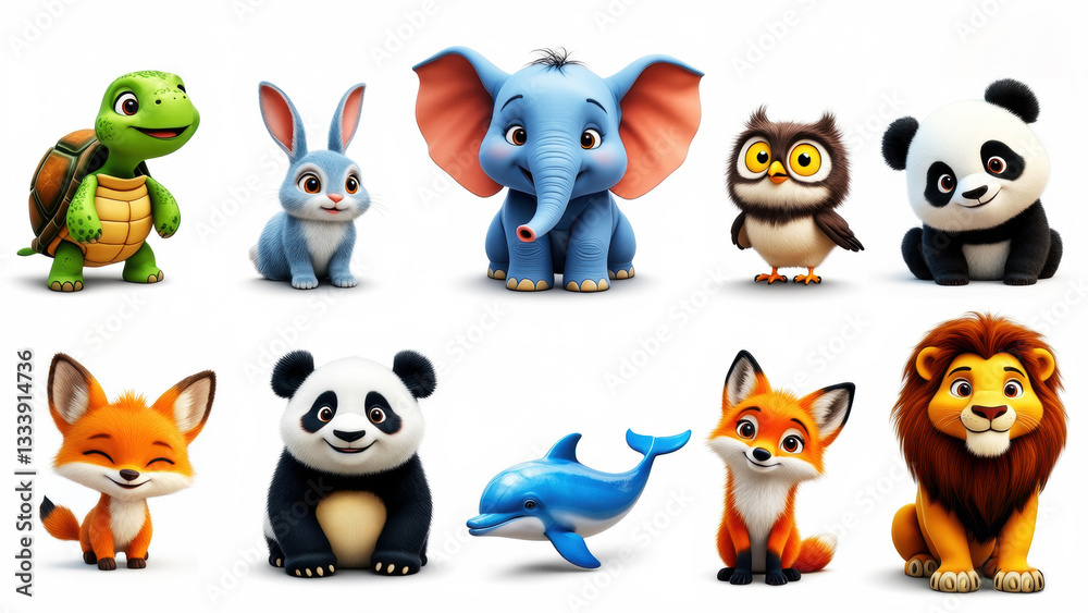 Obraz premium cute cartoon animals in bright, stylized 3D format. They look friendly and welcoming, with large expressive eyes and soft rounded shapes.
