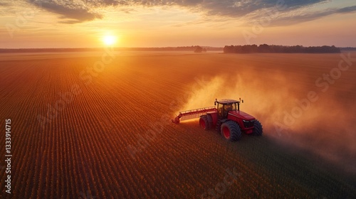 Red tractor fertilizing cultivated field at sunset creating dust cloud