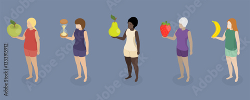Set of female body shape types (apple, pear, banana, strawberry, hourglass). Vector illustration in isometric style.