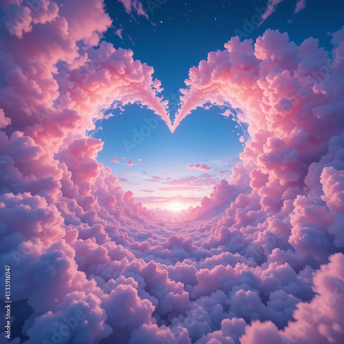 Fluffy white clouds form a heart shape in the blue summer sky