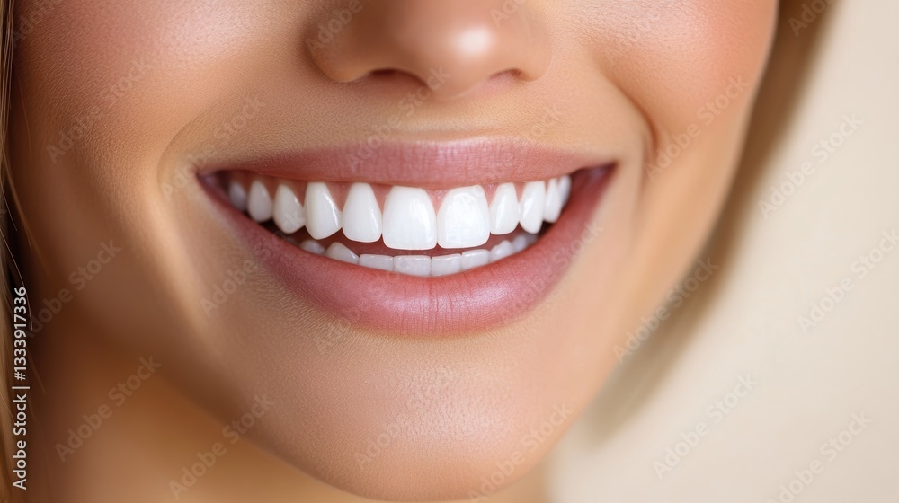 Obraz premium A radiant smile illuminates the face of a pristine-skinned woman as her white teeth flash, framed against a crisp white backdrop, exuding confidence and youthful vitality.