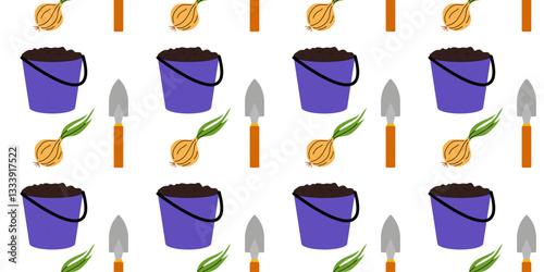 Gardening tools and vegetables on a white background for creative designs