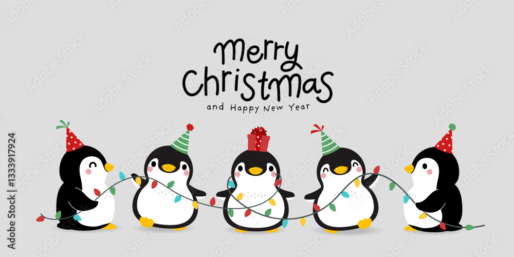 Obraz premium Merry Christmas and happy new year with cute little penguins in party hat and xmas bulb light. -Vector