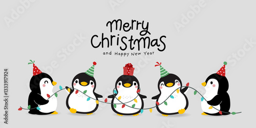 Merry Christmas and happy new year with cute little penguins in party hat and xmas bulb light.  -Vector