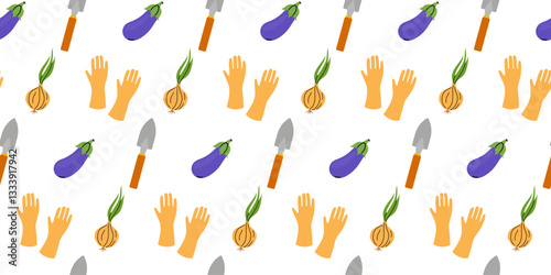 Pattern featuring garden tools, vegetables, and hands for gardening activities