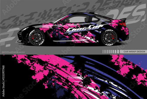 Car wrap design vector with black, pink, white colour. Abstract decal livery. Sticker vinyl body car. Suitable for racing, drift, rally or daily use 