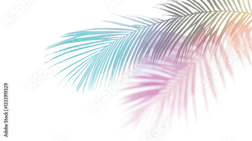 The image features two stylized palm fronds rendered in pastel shades of blue, pink, and yellow against a pure white background. The fronds are partially overlapping, showcasing delicate details of
