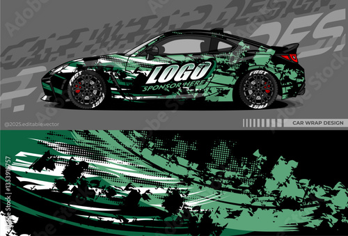 Car wrap design vector with black, green, white colour. Abstract decal livery. Sticker vinyl body car. Suitable for racing, drift, rally or daily use 