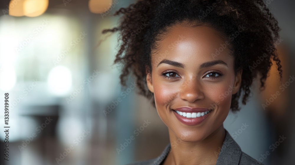 Obraz premium A businesswoman with a warm smile, her eyes twinkling as she gazes into the camera, exudes confidence and professionalism in her modern office setting.