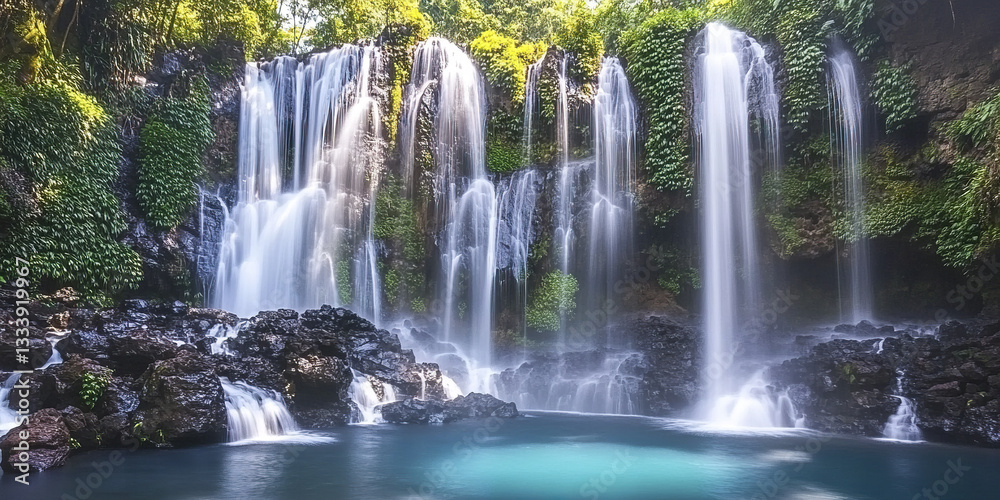 Fototapeta premium Majestic waterfall cascading in lush tropical rainforest