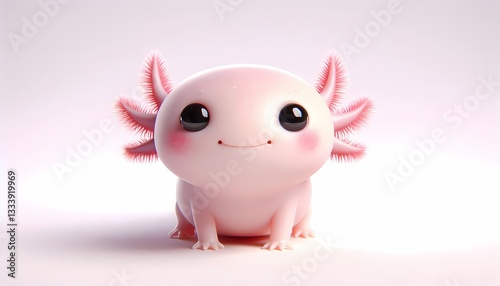 Adorable 3D baby axolotl with soft pink skin on white background