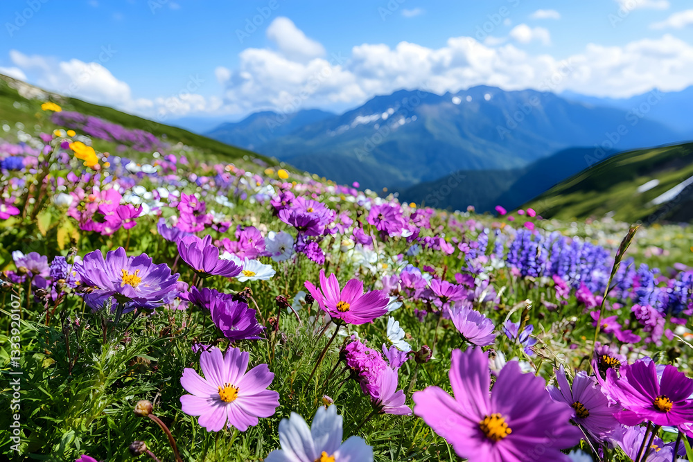 Colorful wildflowers on alpine meadow, mountain landscape, vibrant blooms, scenic view, nature photography Colorful wildflowers on alpine meadow, mountain landscape, vibrant blooms, scenic view, nature photography