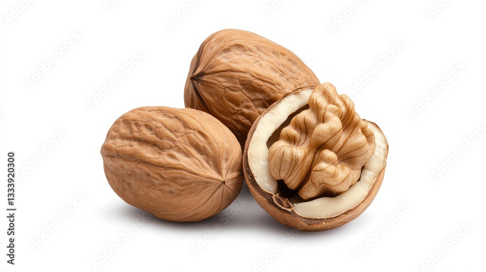 A close-up of walnuts, showcasing their textured shells and the creamy, nutty interior of one, highlighting their natural appeal and health benefits. A close-up of walnuts, showcasing their textured shells and the creamy, nutty interior of one, highlighting their natural appeal and health benefits.