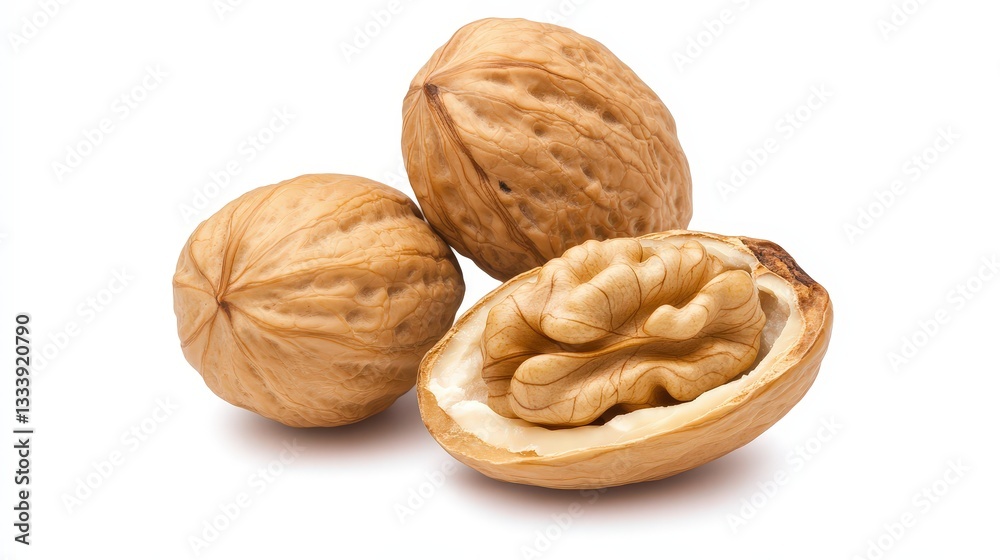 A trio of walnuts, with one cracked open, showcasing the rich, creamy interior, set against a clean white background. A trio of walnuts, with one cracked open, showcasing the rich, creamy interior, set against a clean white background.