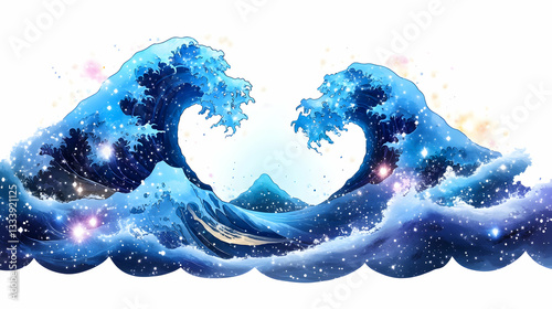 Cosmic Ocean Waves, Heart-Shaped, Tranquil Scene