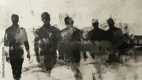 The image presents a monochromatic artwork depicting a group of five indistinct human figures seemingly in motion.  The figures are rendered in shades of gray and black, creating a high-contrast