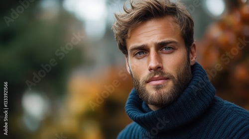 A handsome man, his features framed by a neatly trimmed beard, stands majestically outdoors, his gaze directed towards the camera, exuding a sense of confidence and tranquility.