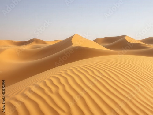 Golden sand dunes stretch under a clear sky