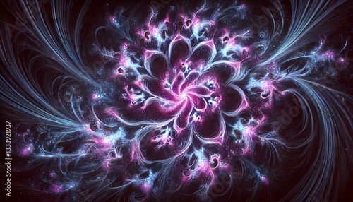 Glowing fractal patterns in vivid purples and blues, set against a black background, perfect for abstract wallpaper
