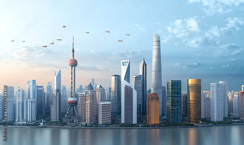 Obraz premium A contemporary skyline of towering skyscrapers defining the dynamic and ambitious business district of a thriving global metropolis This hyper modern cityscape showcases the impressive architecture, 