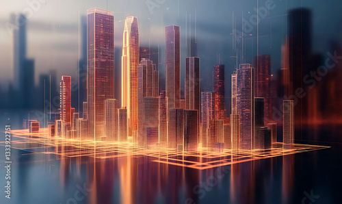 Advanced Architectural Holographic Blueprint of a Futuristic Digital City Skyline with Skyscrapers Minimalist Geometric Patterns and Gradient Lighting Effects ,

