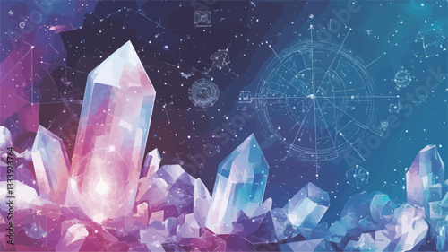 A digital illustration or rendering depicting a cluster of luminous crystals in shades of pink, purple, and blue.  The crystals are sharply focused in the foreground, exhibiting a glossy, almost
