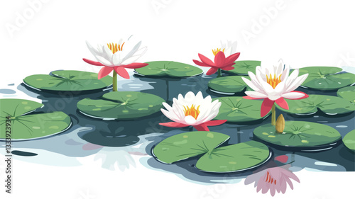 A digital illustration depicting several water lilies floating on the surface of a pond.  The water lilies are predominantly white with red centers, and are surrounded by large, round, green lily