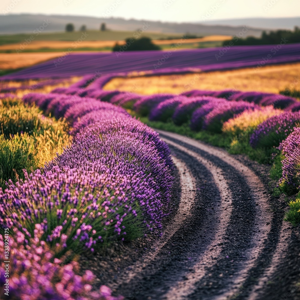 Obraz premium Lavender fields stretch along a winding dirt road at sunset